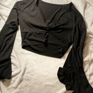 Black, short crop top, v-neck, with flowy sleeves